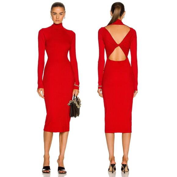 Enza Costa Rib Twist Back Dress Mockneck Long Sleeve Sexy Minimalist Red XS